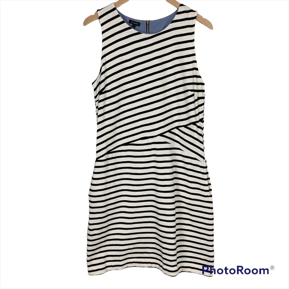 TALBOTS Cotton Knit Sheath Dress Black White Bias Stripe Pockets Sleeveless